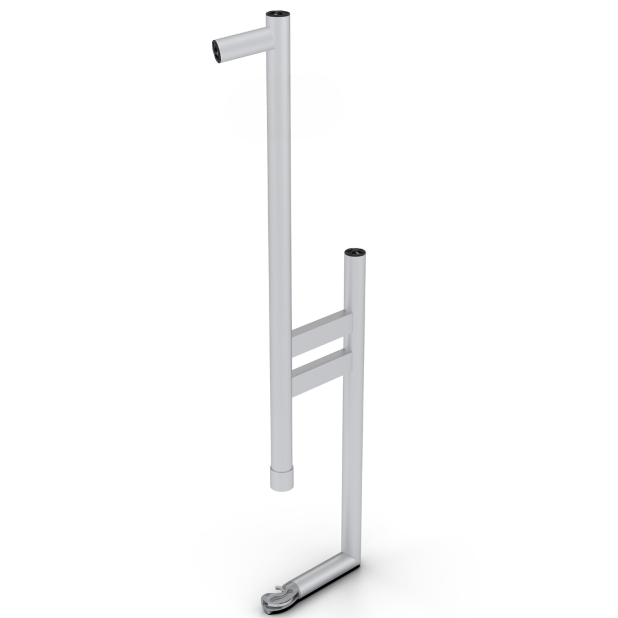 Leuningstaander gemonteerd op een aluminium steiger met horizontale leuningen, zorgt voor veilige afzetting op een platform op hoogte.