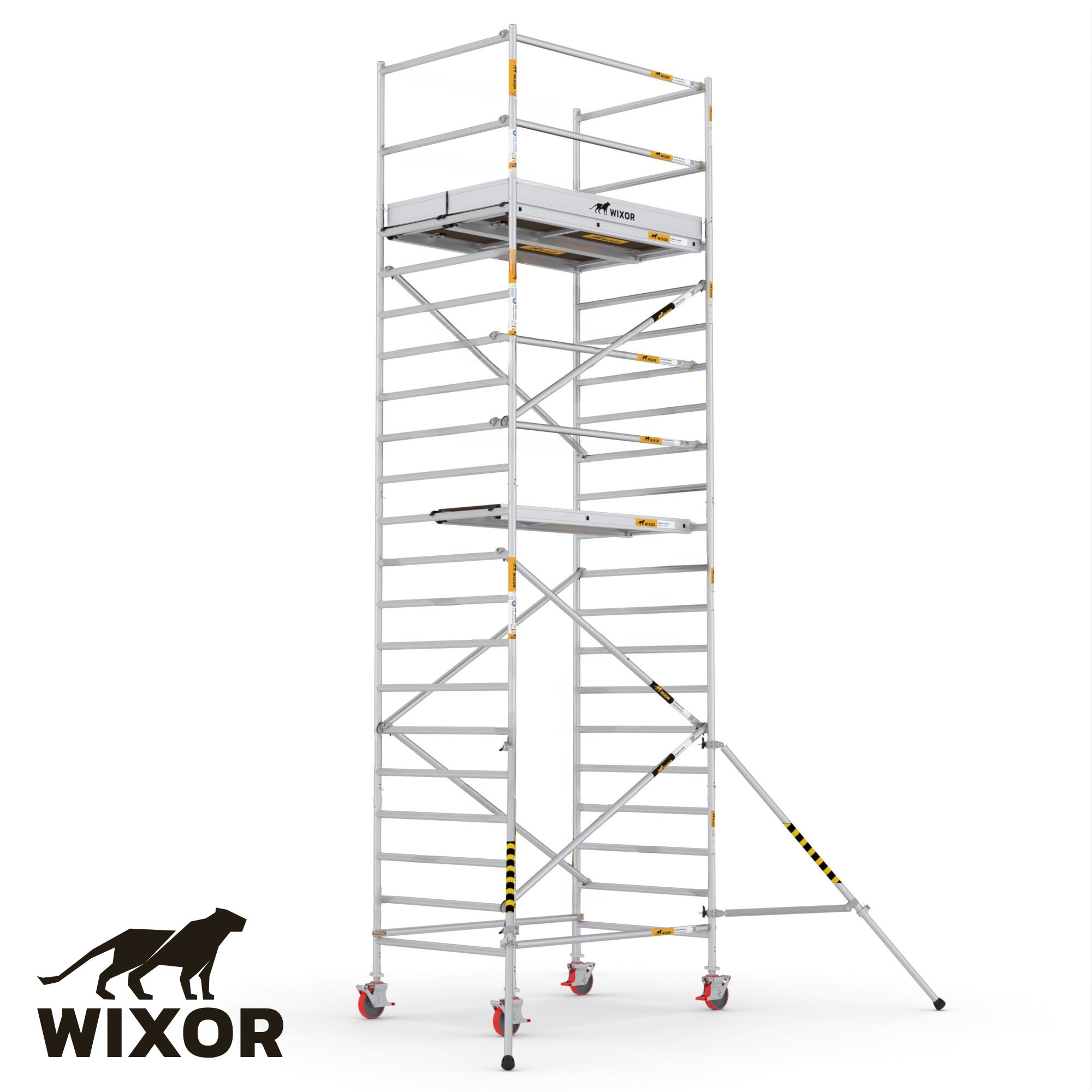 Aluminium rolsteiger van het merk Wixor opgebouwd met schoren